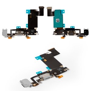 Шлейф для iPhone 6S Plus, конектора навушників, конектора зарядки, сірий, з мікрофоном, з компонентами
