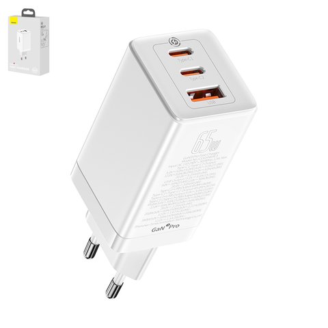 Мережевий зарядний пристрій Baseus GaN3 Pro, 65 Вт, Quick Charge, білий, з кабелем USB тип C до USB тип C, 3 порта, #CCGP050102