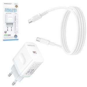 Мережевий зарядний пристрій Borofone BA99A, 20 Вт, Power Delivery PD , білий, з кабелем USB тип C до USB тип C, 1 порт, #6941991121371